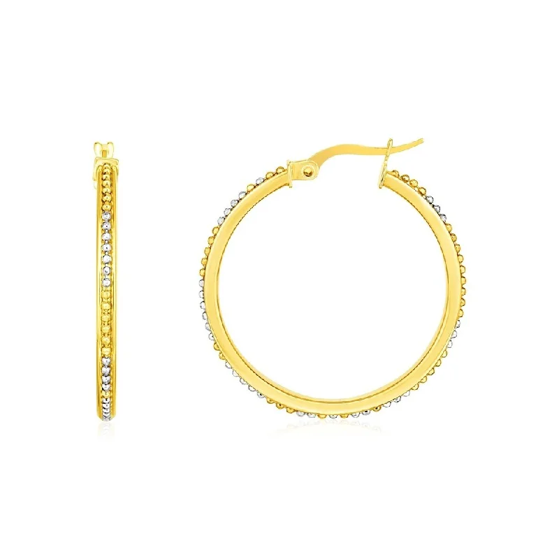 14k Two Tone Gold Round Hoop Earrings with Bead Texture