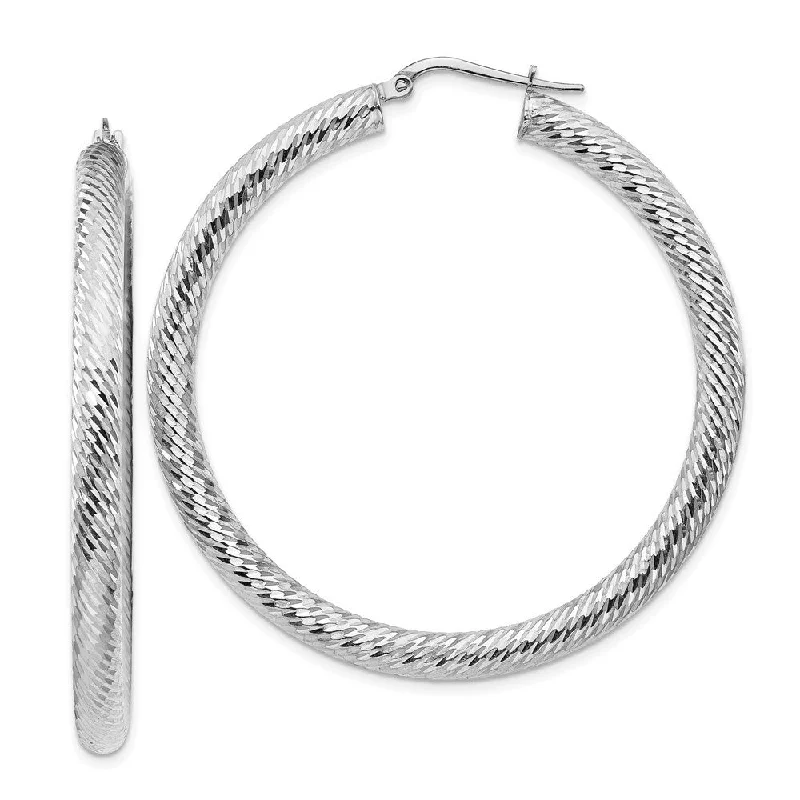 14k White Gold Diamond-cut Round Hoop Earrings (L-51.25 mm, W-50 mm)