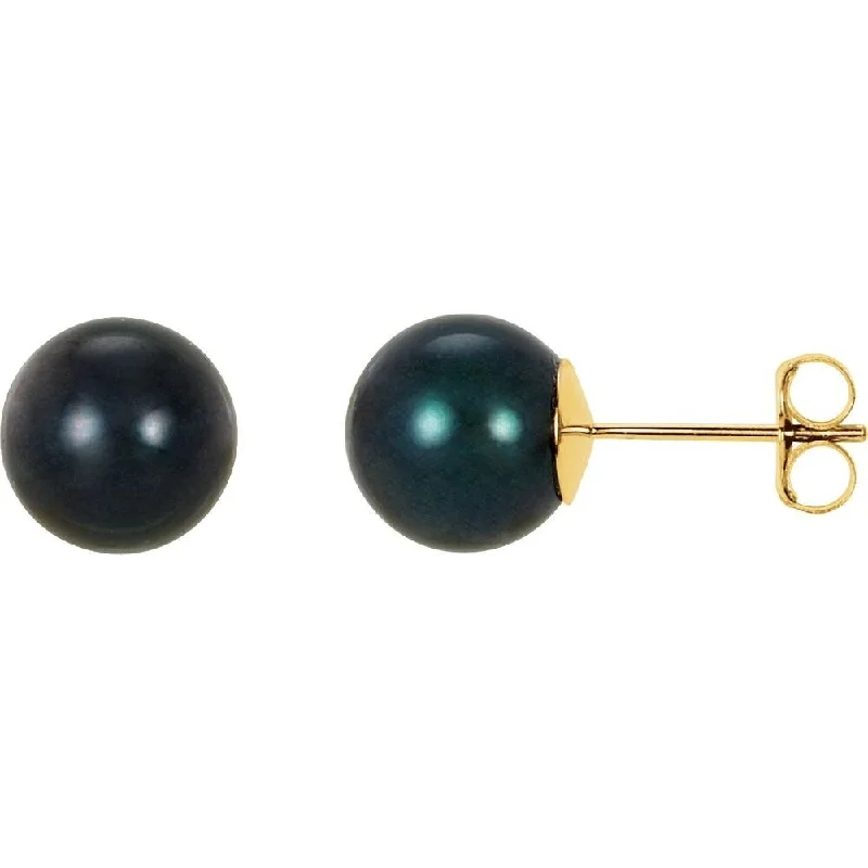 14k Yellow Gold 8 mm Black Akoya Cultured Pearl Stud Earring for Women