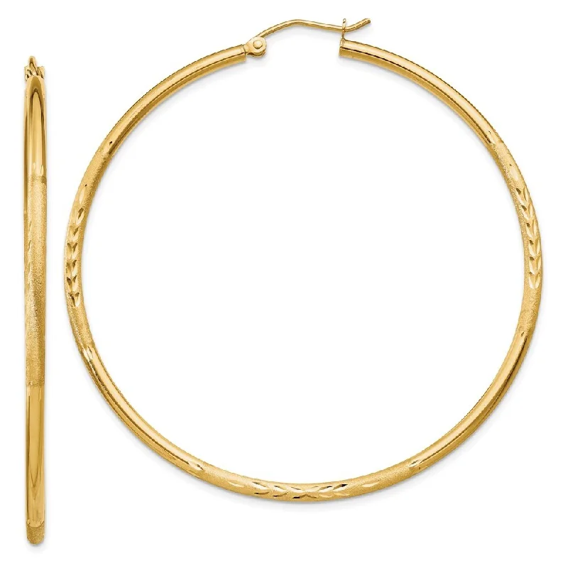 14k Yellow Gold Satin And Diamond-cut Tube Hoop Earrings (L-55 mm, W-2 mm)