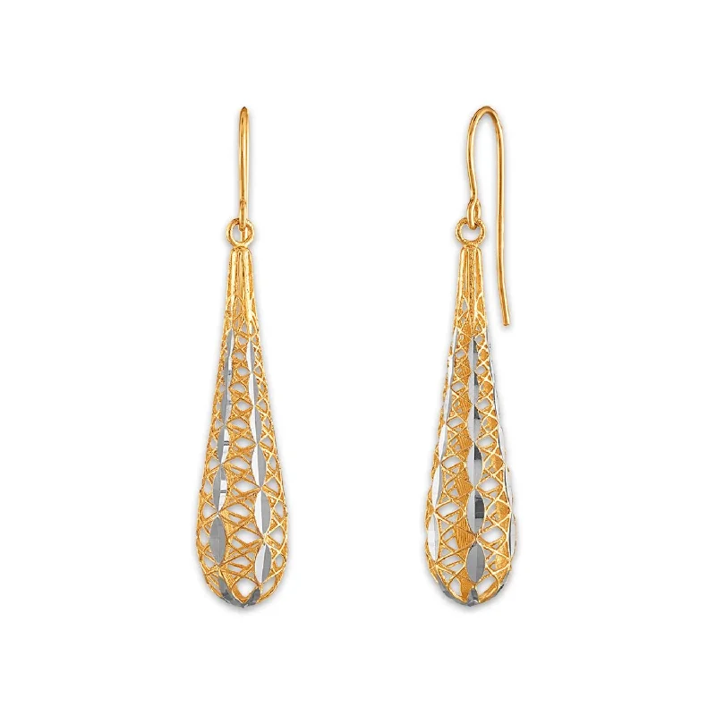 14KT Yellow Gold With Rhodium Plating Teardrop Filigree Earrings