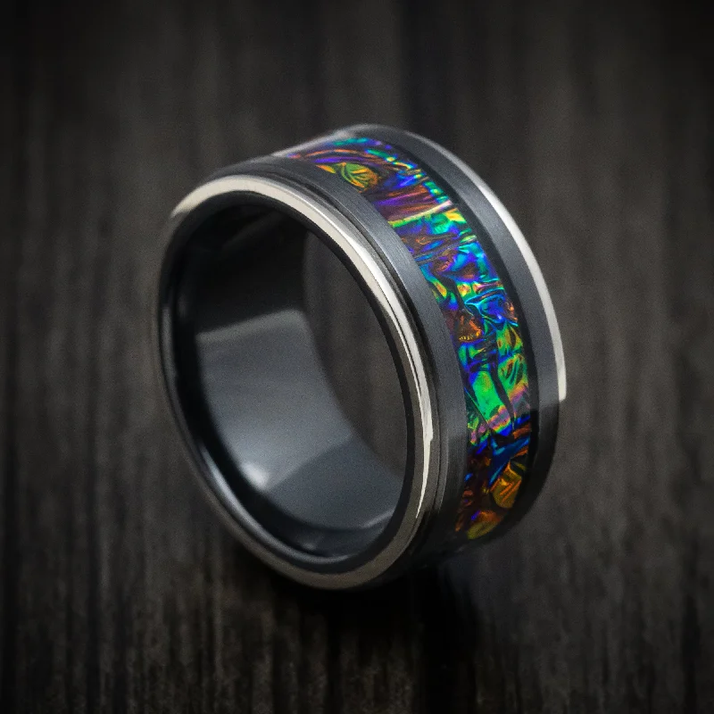 Black Zirconium and Dichrolam Inlay Men's Ring with Gold Edges Custom Made Band