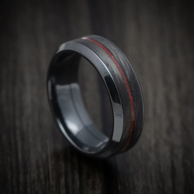 Black Zirconium Men's Ring with Forged Carbon Fiber and Coral Inlays Custom Made Band