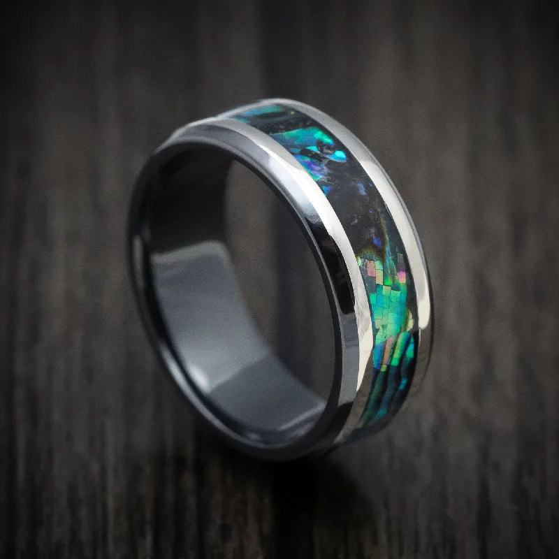 Black Zirconium Men's Ring with Silver and Abalone Inlays Custom Made Band