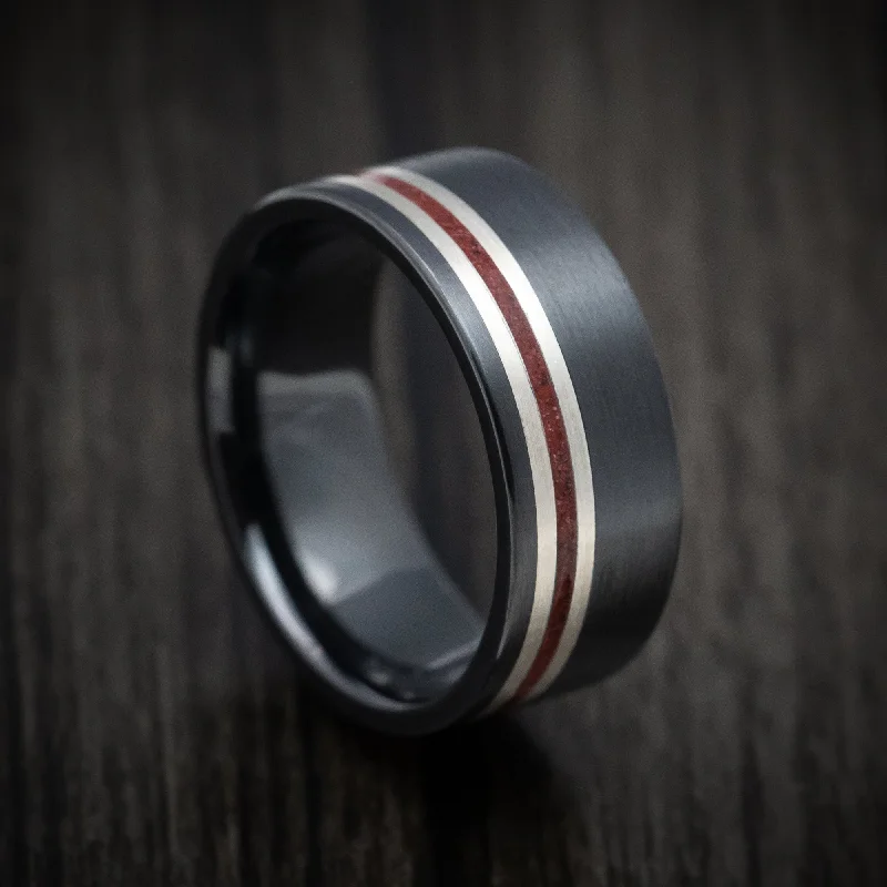 Black Zirconium Men's Ring with Silver and Coral Inlays Custom Made Band