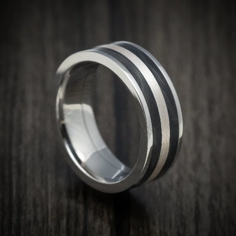 Cobalt Chrome Men's Ring with Forged Carbon Fiber and Silver Inlays Custom Made Band