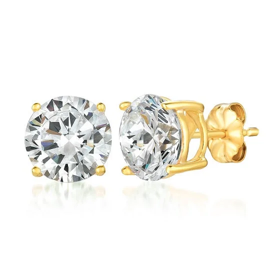 Crislu 18KT Yellow Gold Plated Sterling Silver Round Cubic Zirconia Stud Earrings