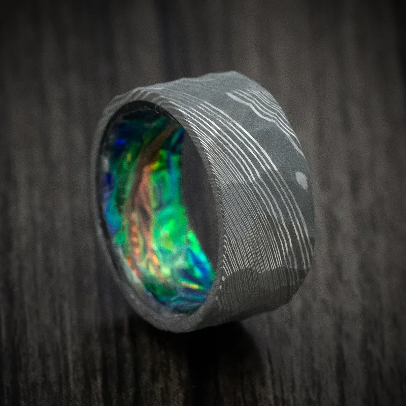 Damascus Steel and Dichrolam Sleeve Men's Ring Custom Made Band