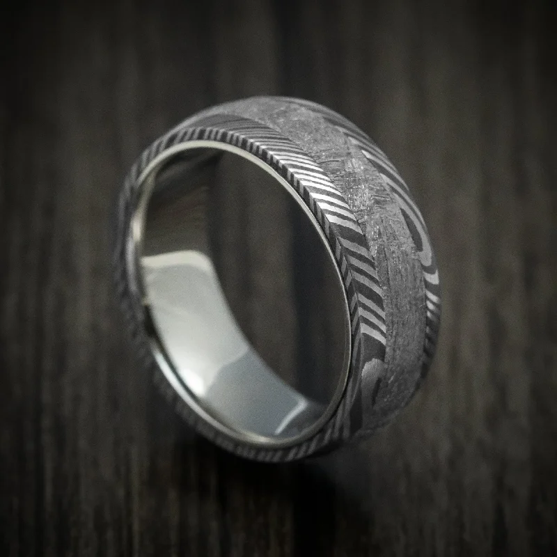 Damascus Steel Men's Ring with Gibeon Meteorite Inlay and Titanium Sleeve Custom Made Band