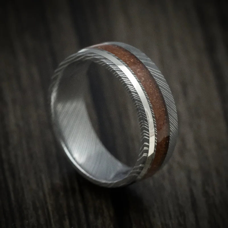 Damascus Steel Men's Ring with Dinosaur Bone and 14K Gold Inlay Custom Made Band