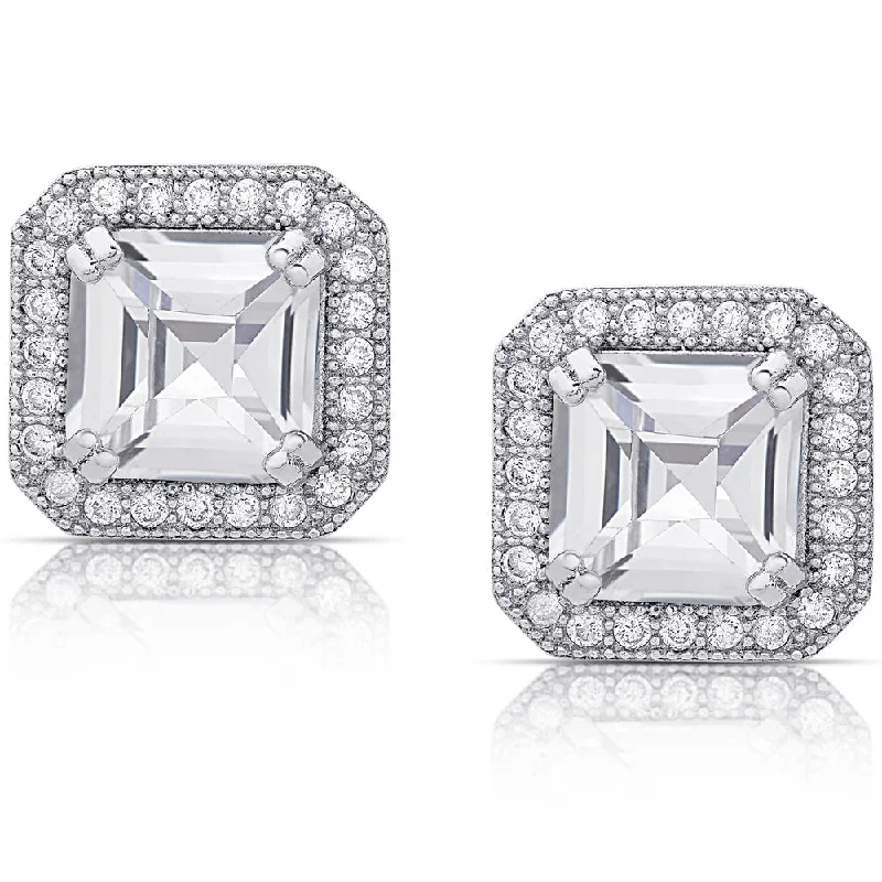 Dolce Giavonna Sterling Silver Cubic Zirconia Square Halo Design Earrings