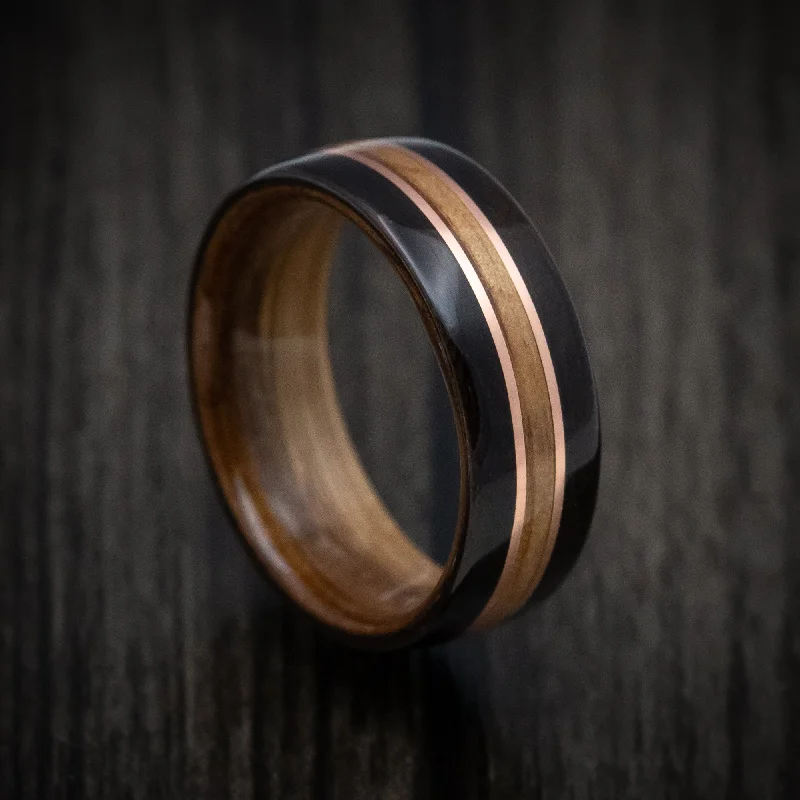 Ebony Wood ring with Whiskey Barrel Wood Inlay/Sleeve and Double Copper Inlays