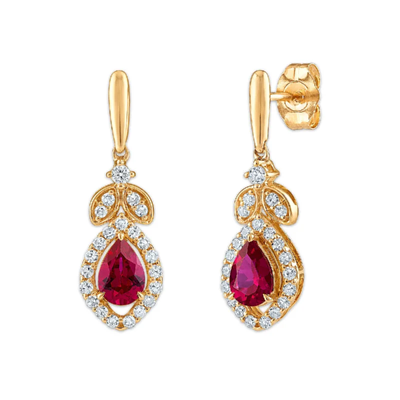 LoveSong EcoLove Pear Ruby and Lab Grown Diamond Drop & Dangle Earrings in 10KT Yellow Gold