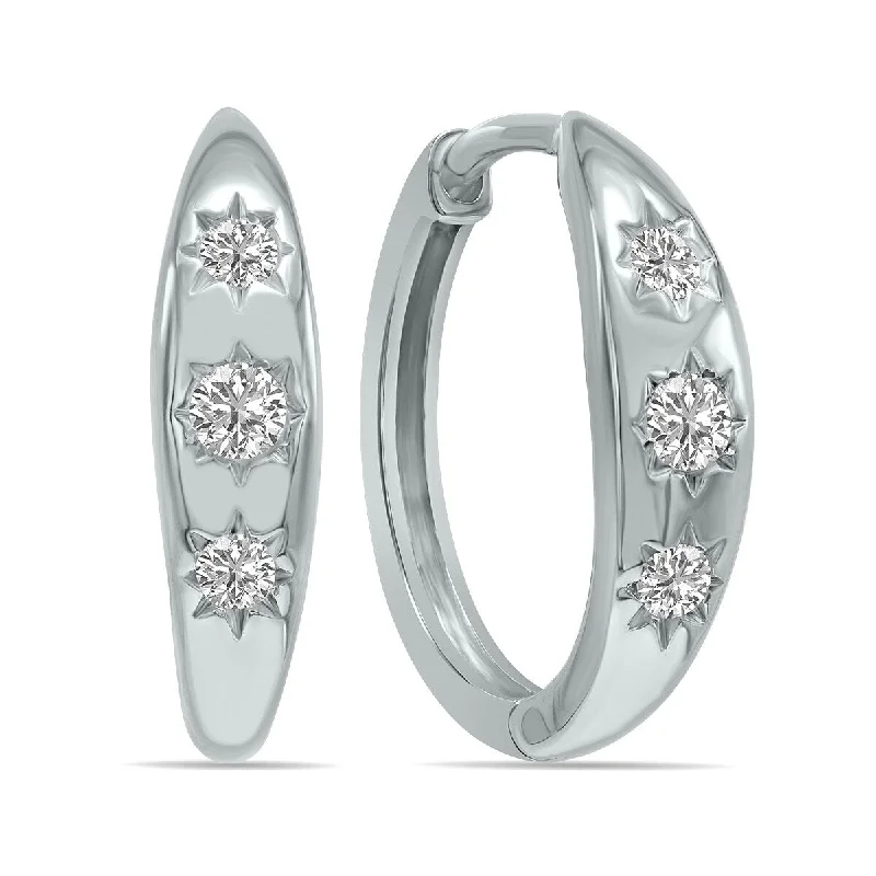 Marquee 1/5 CTW Three Stone Lab Grown Diamond Huggies Hoop Earrings in 10K White Gold (F-G Color, VS1- VS2 Clarity)