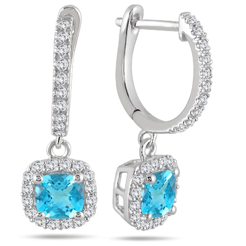 Marquee 1 Carat Blue Topaz and Diamond Halo Dangle Earrings in 10K White Gold