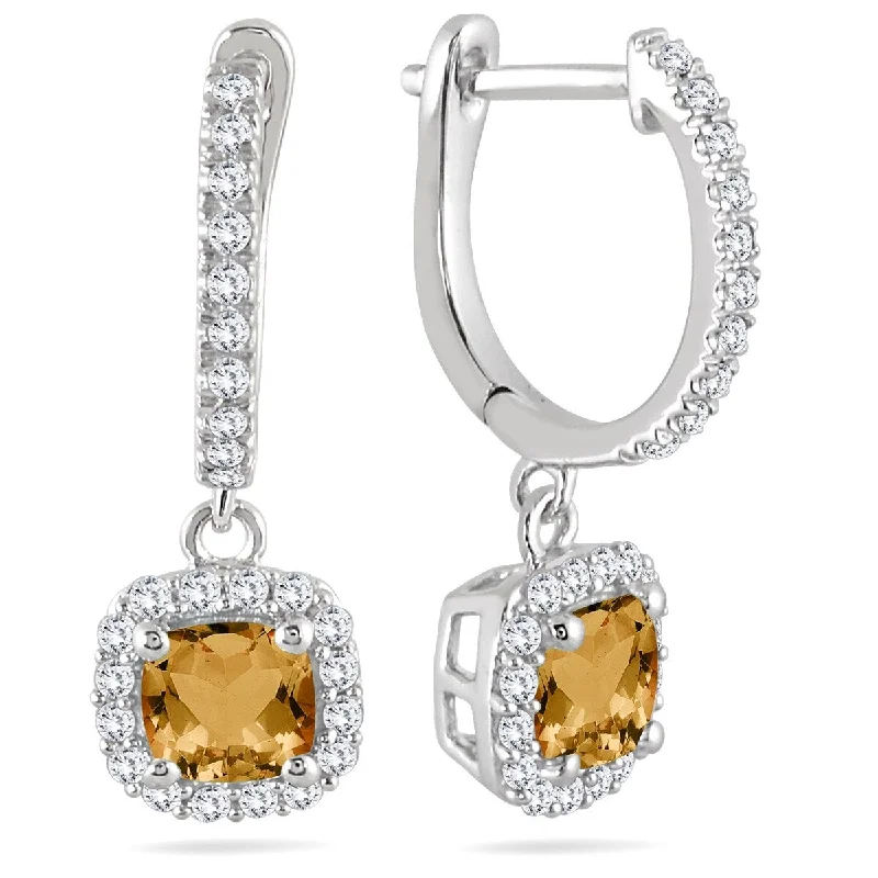 Marquee 1 Carat Citrine and Diamond Halo Dangle Earrings in 10K White Gold