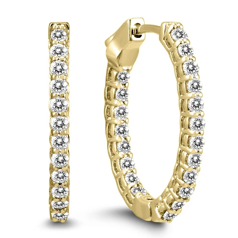 Marquee 1 Carat TW Oval Diamond Hoop Earrings with Push Button Locks in 14K Yellow Gold