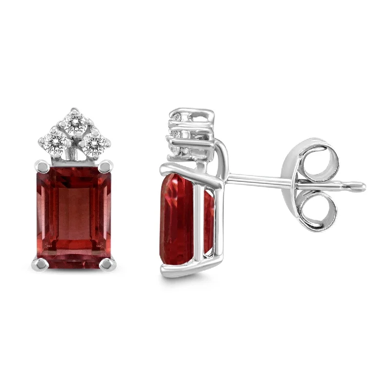 Marquee 14K White Gold 6x4MM Emerald Shaped Garnet and Diamond Earrings