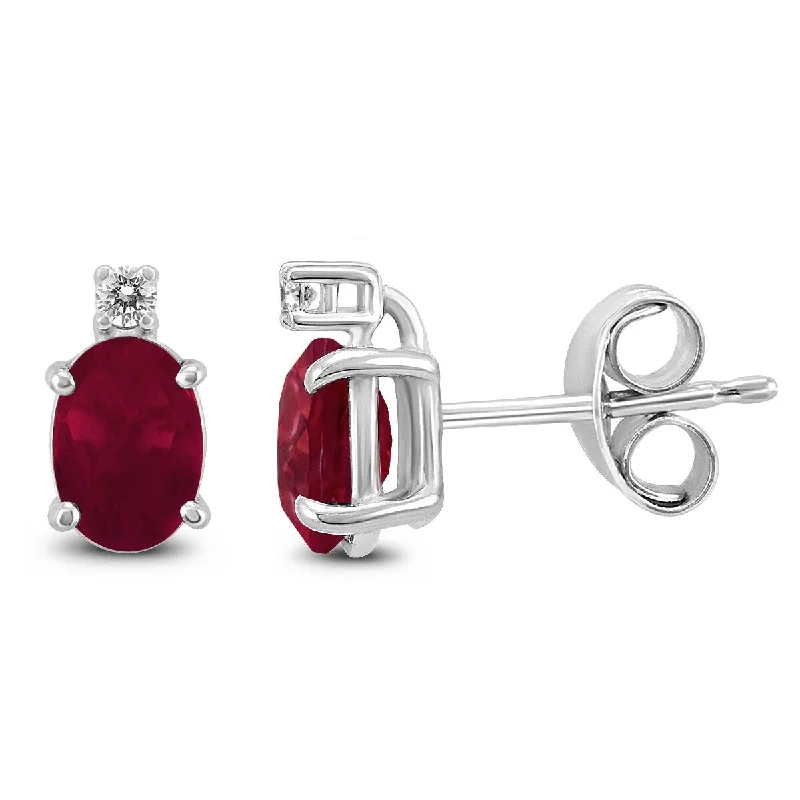 Marquee 14K White Gold 6x4MM Oval Ruby and Diamond Earrings