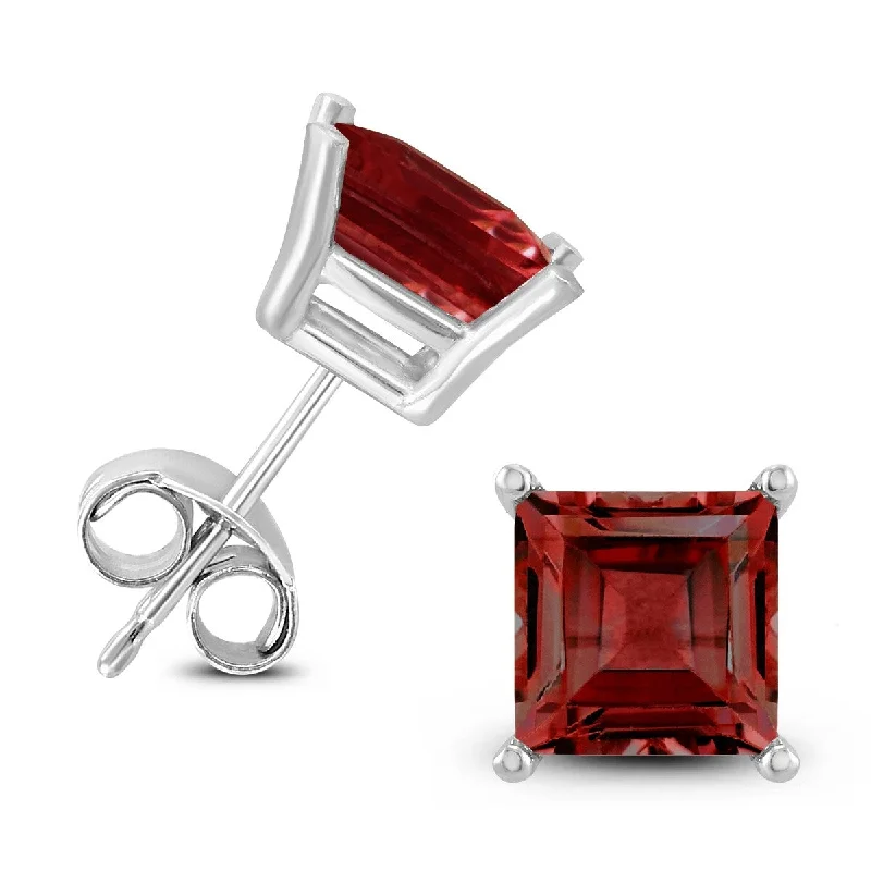 Marquee 14K White Gold 7MM Square Garnet Earrings