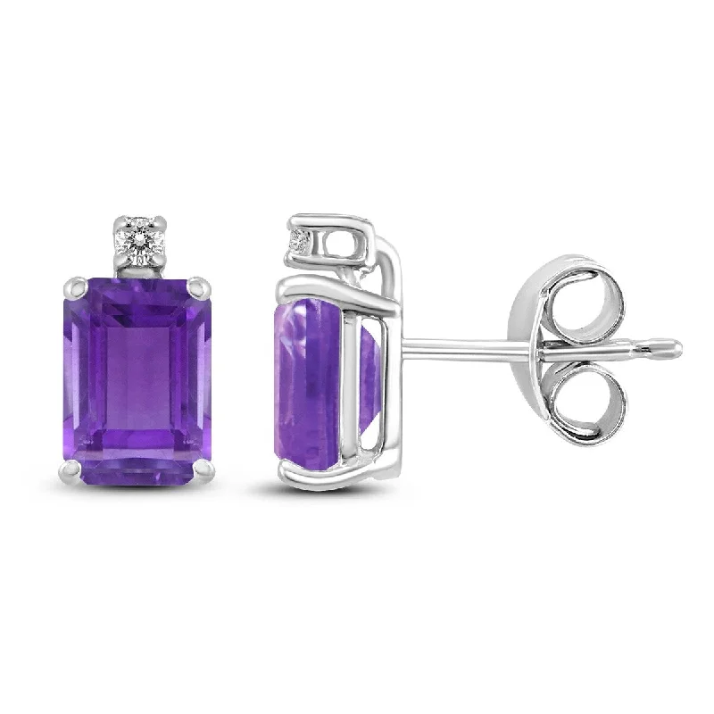 Marquee 14K White Gold 7x5MM Emerald Shaped Amethyst and Diamond Earrings