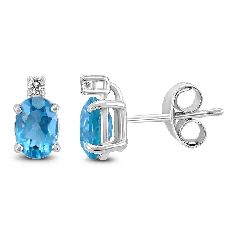 Marquee 14K White Gold 7x5MM Oval Blue Topaz and Diamond Earrings