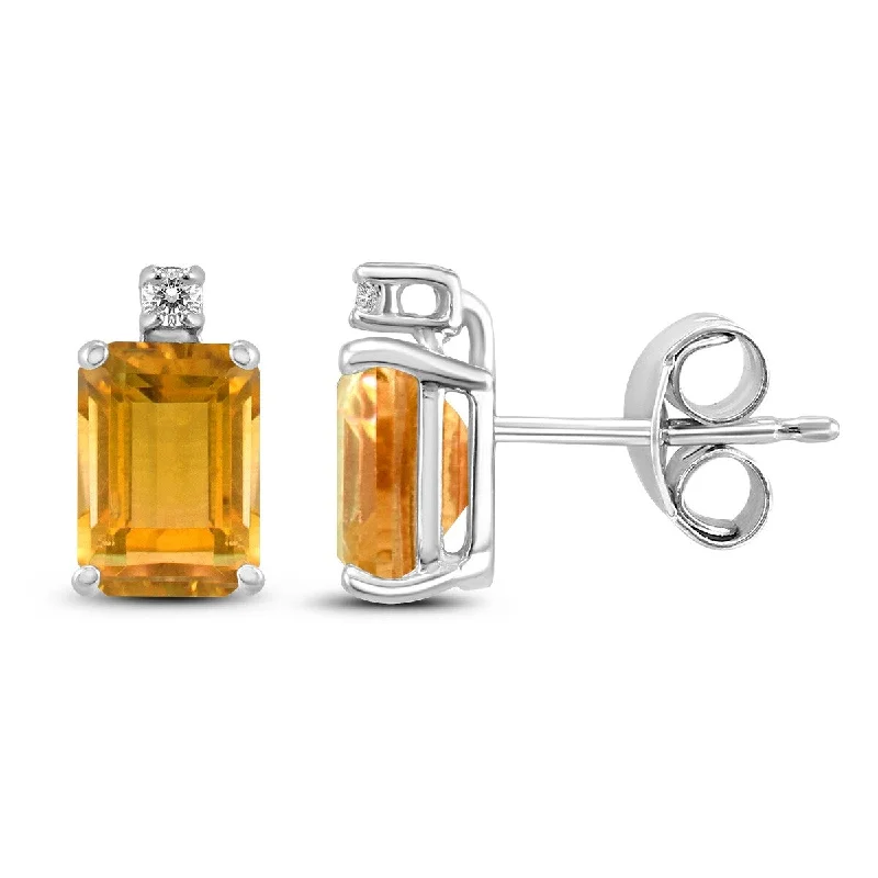 Marquee 14K White Gold 8x6MM Emerald Shaped Citrine and Diamond Earrings