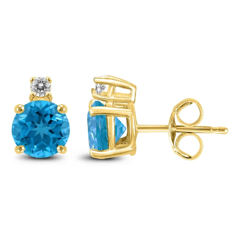 Marquee 14K Yellow Gold 6MM Round Blue Topaz and Diamond Earrings