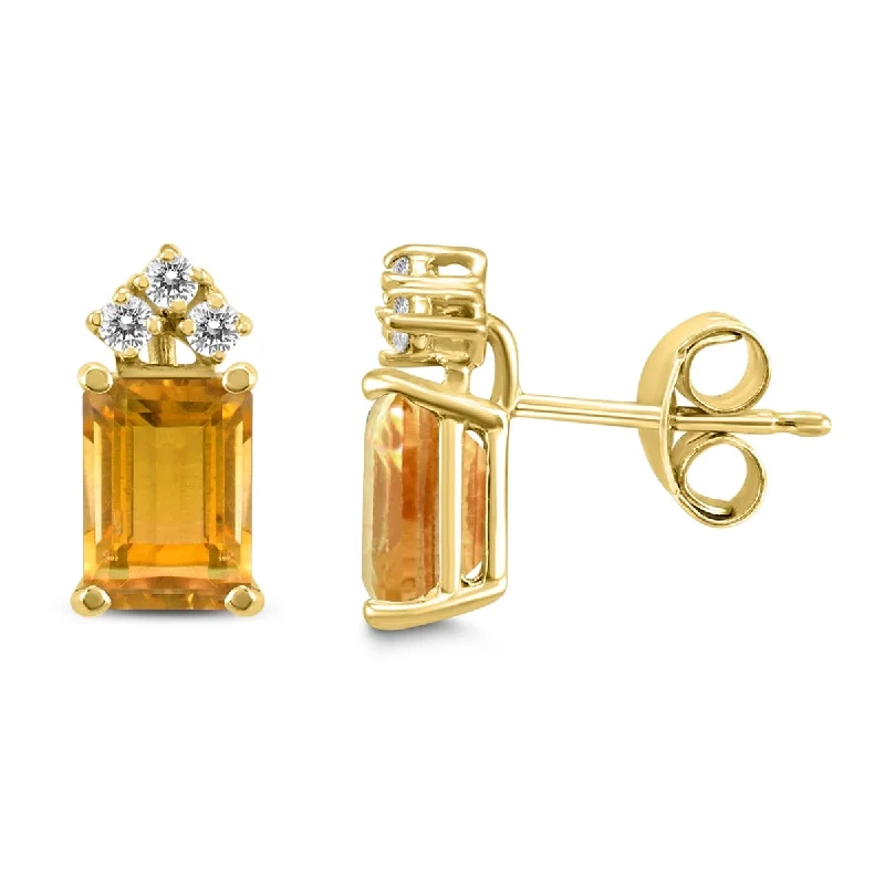 Marquee 14K Yellow Gold 6x4MM Emerald Shaped Citrine and Diamond Earrings