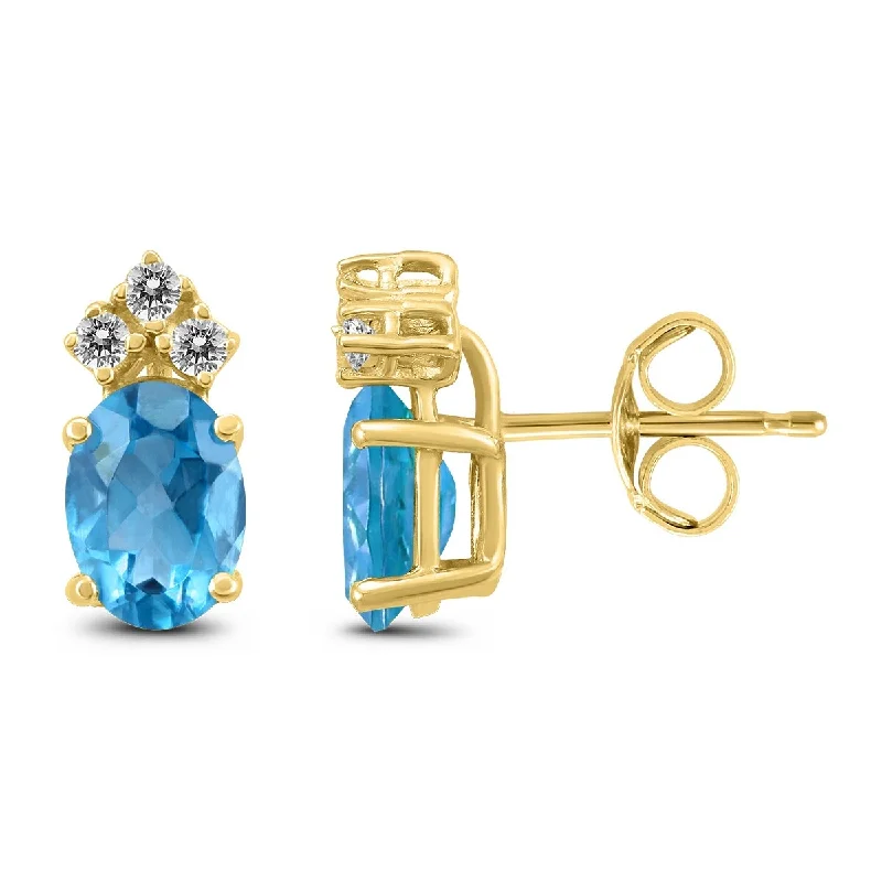 Marquee 14K Yellow Gold 7x5MM Oval Blue Topaz and Diamond Earrings