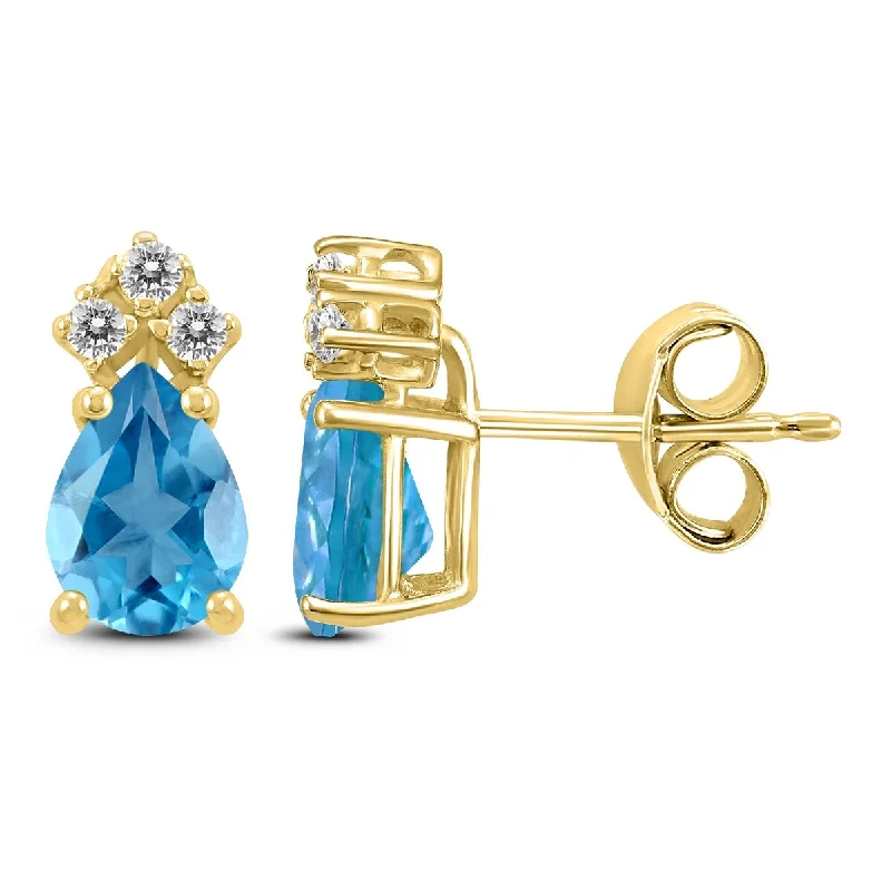 Marquee 14K Yellow Gold 7x5MM Pear Blue Topaz and Diamond Earrings