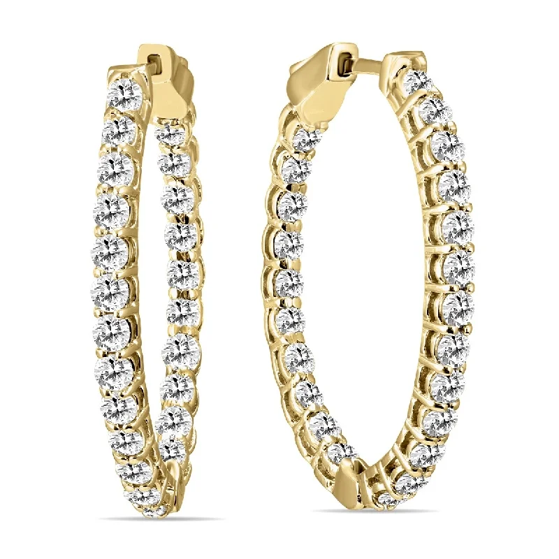 Marquee 2 Carat TW Oval Diamond Hoop Earrings with Push Button Locks in 14K Yellow Gold