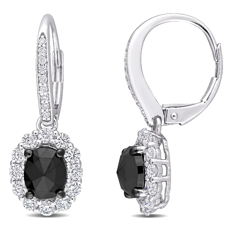 Miadora 10k White Gold 1 1/2ct TDW Oval Black Diamond and Created Moissanite Halo Drop Earrings