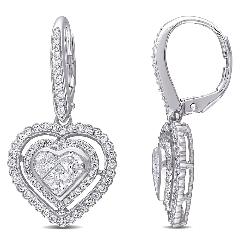 Miadora 14k White Gold 1 2/5ct TDW Diamond Heart Cluster Double Halo Dangle Leverback Earrings