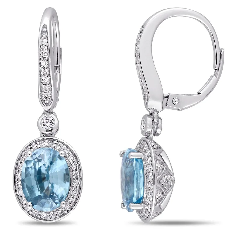 Miadora 14k White Gold 3/4ct TDW Diamond and Blue Zircon Halo Dangle Earrings