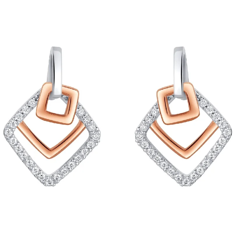 Rose-Tone Sterling Silver Cubic Zirconia Open Layered Square Earrings