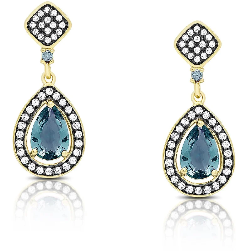 Samantha Stone Gold Over Sterling Silver Cubic Zirconia and Simulated London Blue Topaz Teardrop Earrings