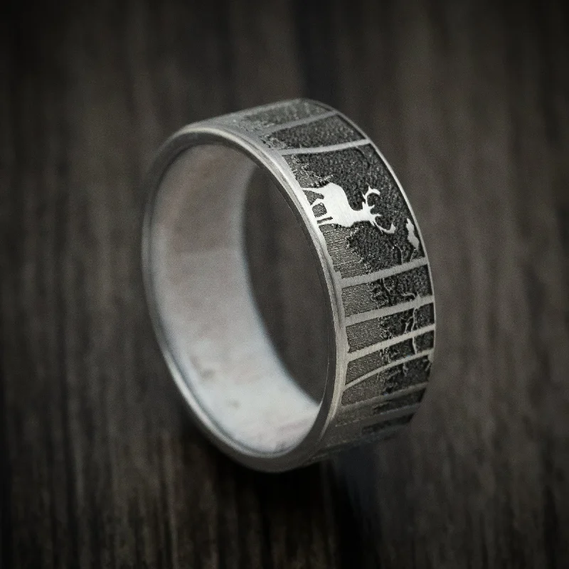 Titanium and Antler Men's Ring with Elk Mountain Woods Engraving Custom Made