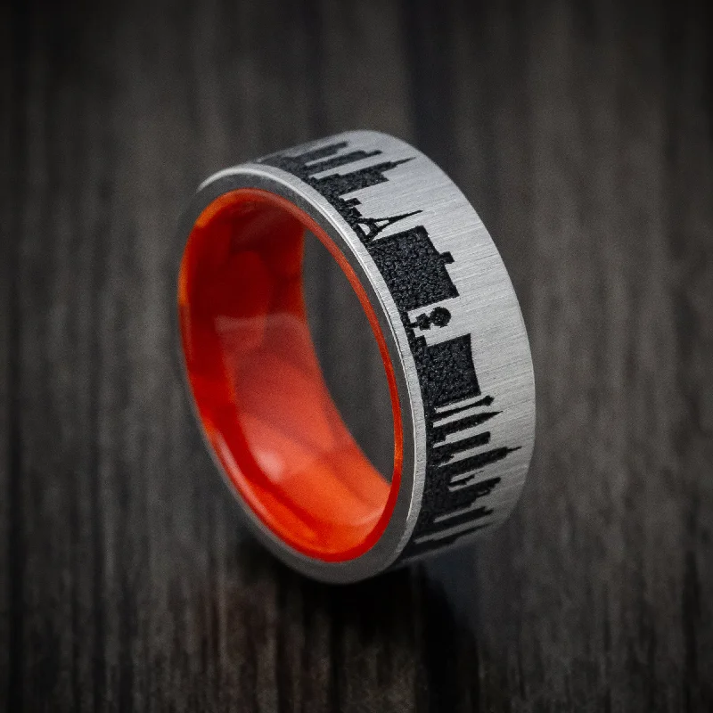 Titanium and Juma Sleeve City Skyline Men's Ring Custom Made Band