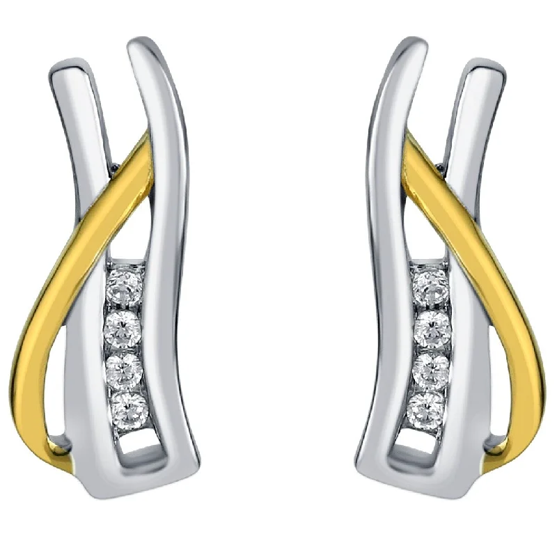 Two-Tone Sterling Silver Cubic Zirconia Ribboned Bar Earrings